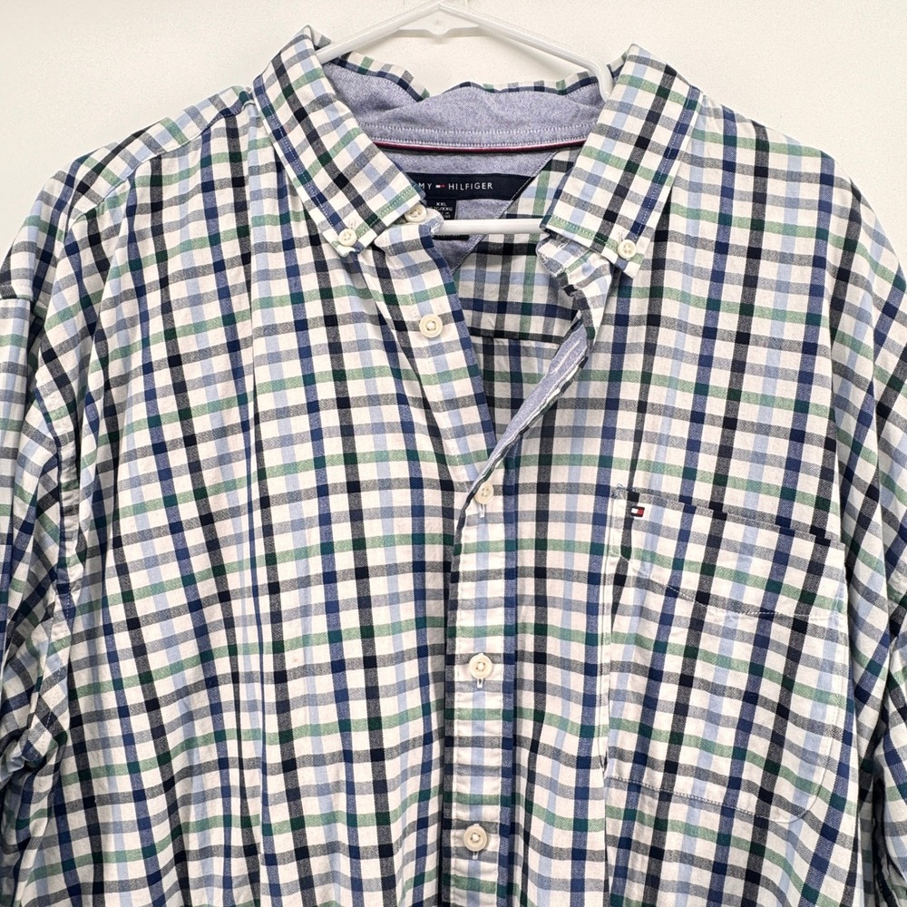 Tommy Hilfiger Mens XXL Classic Fit Plaid Button Down Shirt Blue Green Cotton‎